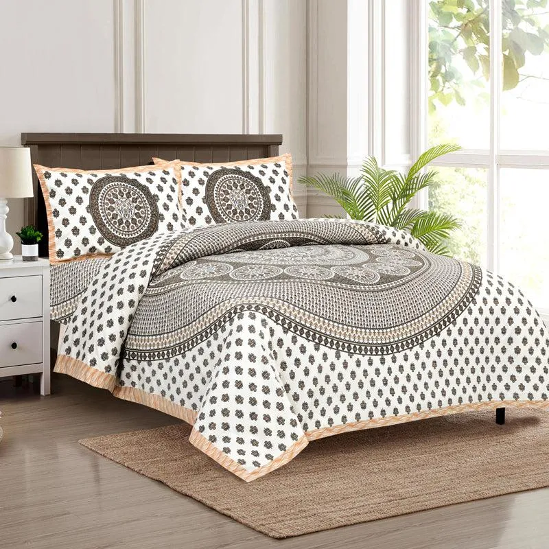 Aavani Ethnic Cotton Flat Bedsheet (White & Brown) - 160 TC media 1