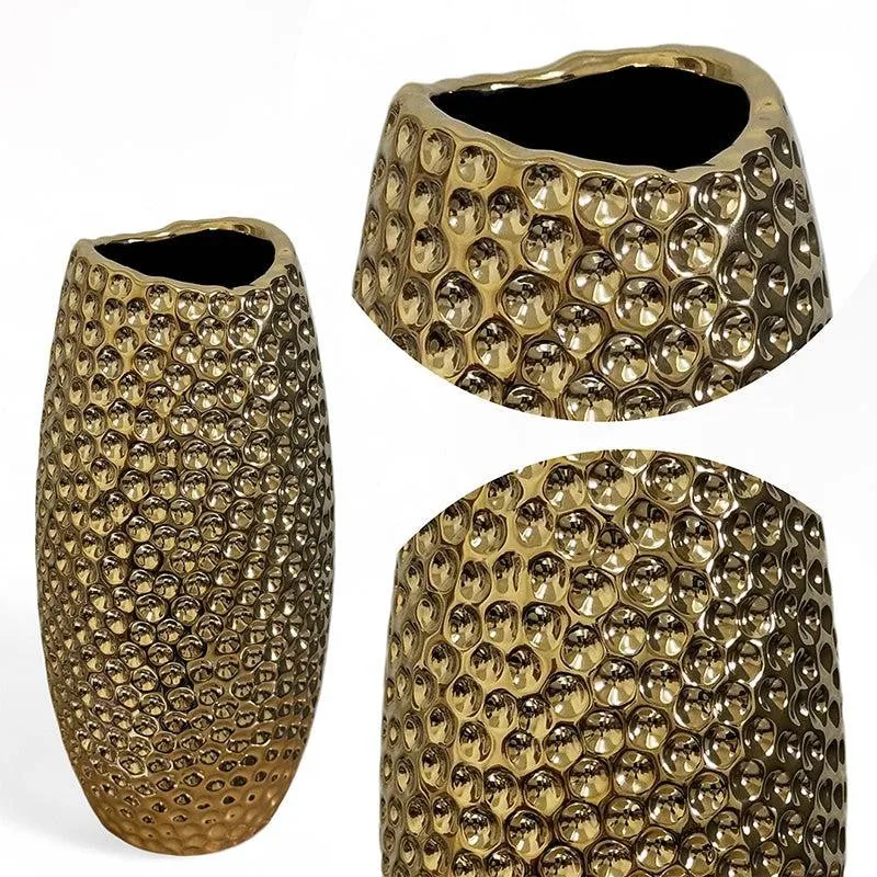 Rain Ridge Textured Ceramic Vase (Gold) - Medium media 5