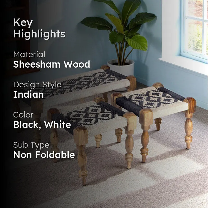 Forvo Sheesham Wooden Bench with Stools (Black,White) - Three Piece Set media 2
