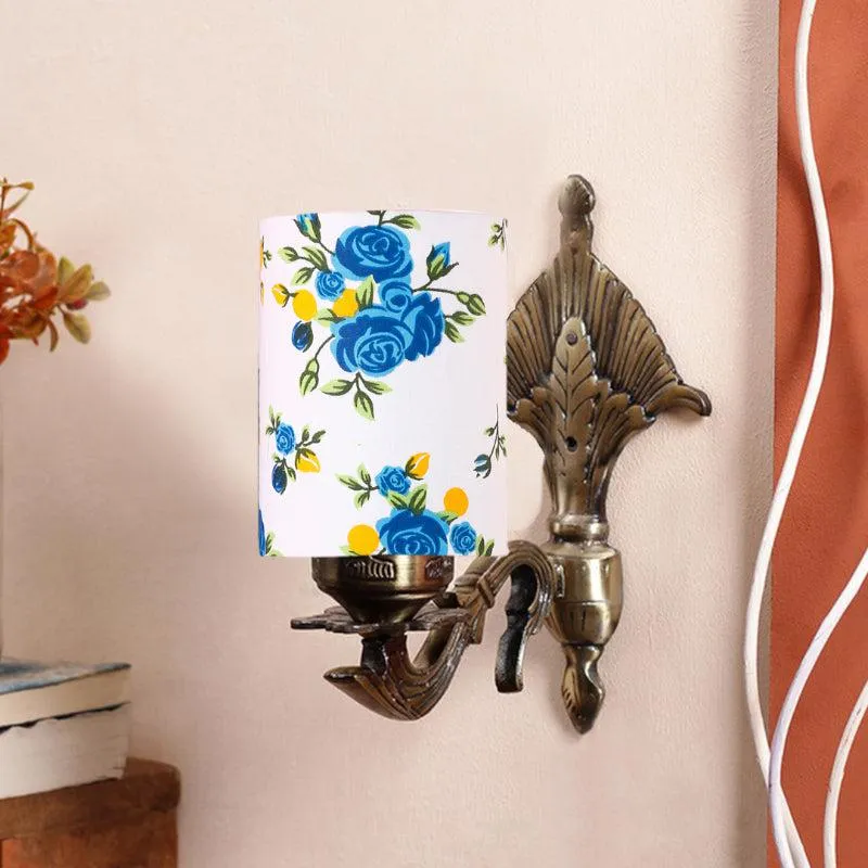 Magda Masique Blue Fleur Cylindrical Fabric & Metal Wall Lamp media 3