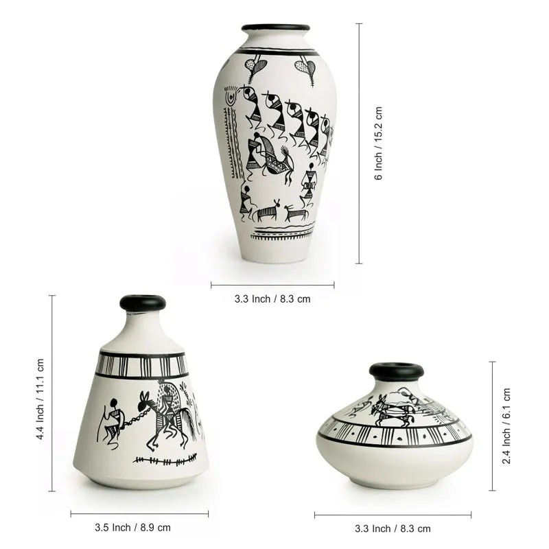 Vasavi Warli Handpainted Terracotta Vase - Set Of Three media 7