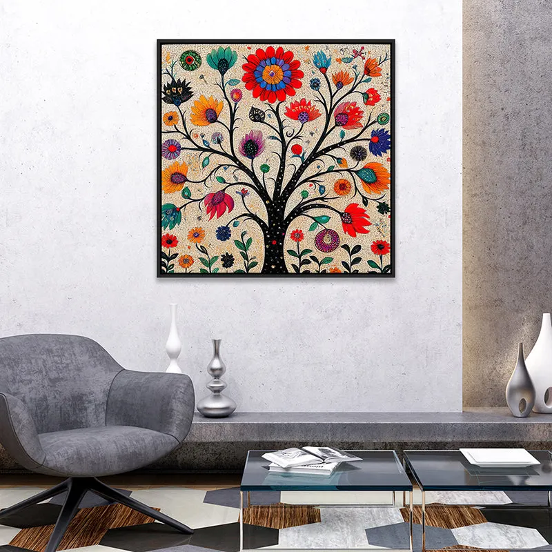 Floral Psych Canvas Wall Painting With Frame - Black media 4