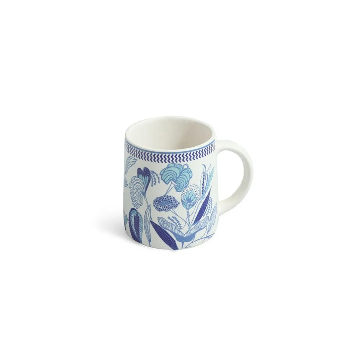 Single white ceramic mug with blue floral detailing and a curved handle