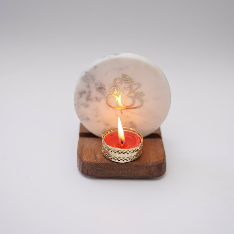 Ganesha Marble Religious Accent With Tealight Candle Holder