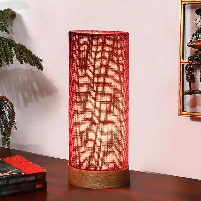Nyra Tower Wooden Table Lamp With Jute Shade - Maroon,Brown media 6