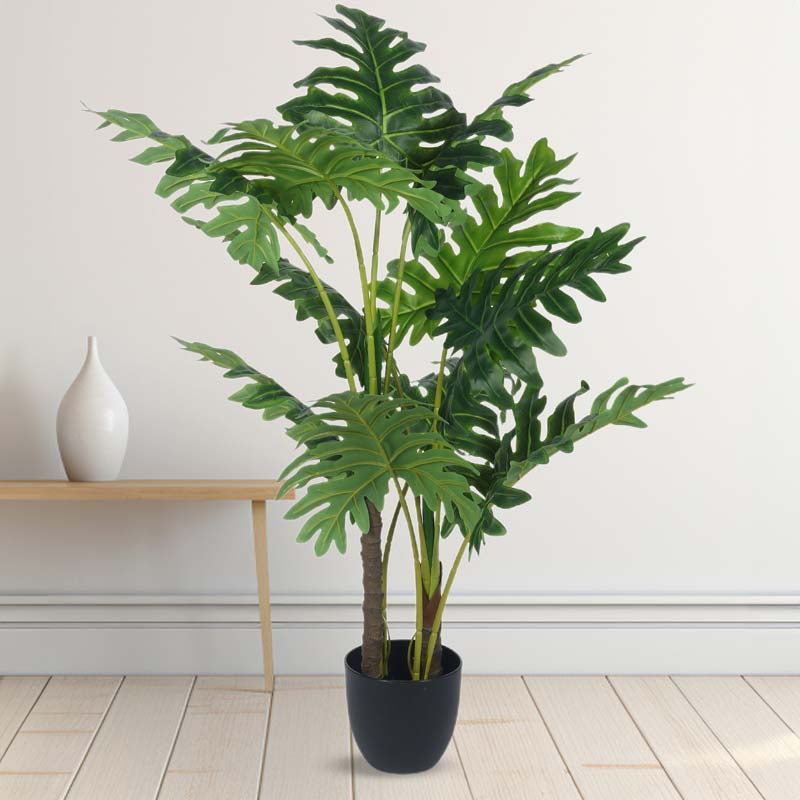Faux Lush Philodendron Plant With Black Plastic Pot - 4 Feet media 3