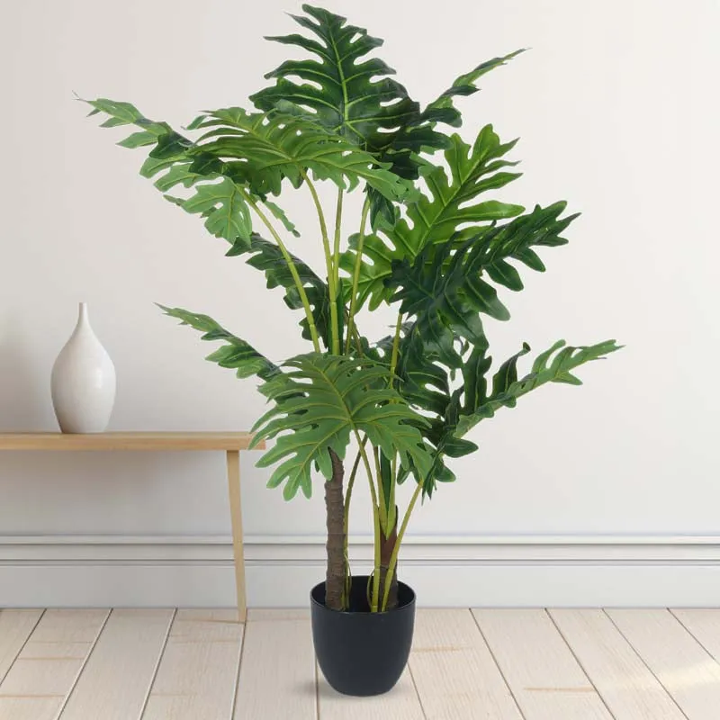 Faux Lush Philodendron Plant With Black Plastic Pot - 4 Feet media 3