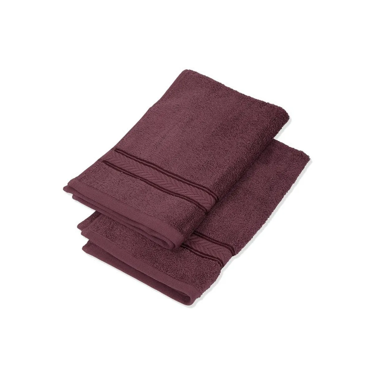 Two folded purple hand towels with decorative border detail