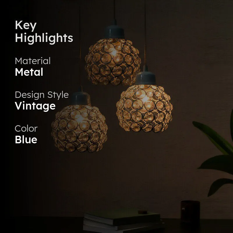 Warm-lit pendant lamp scene with highlight text overlay on the left