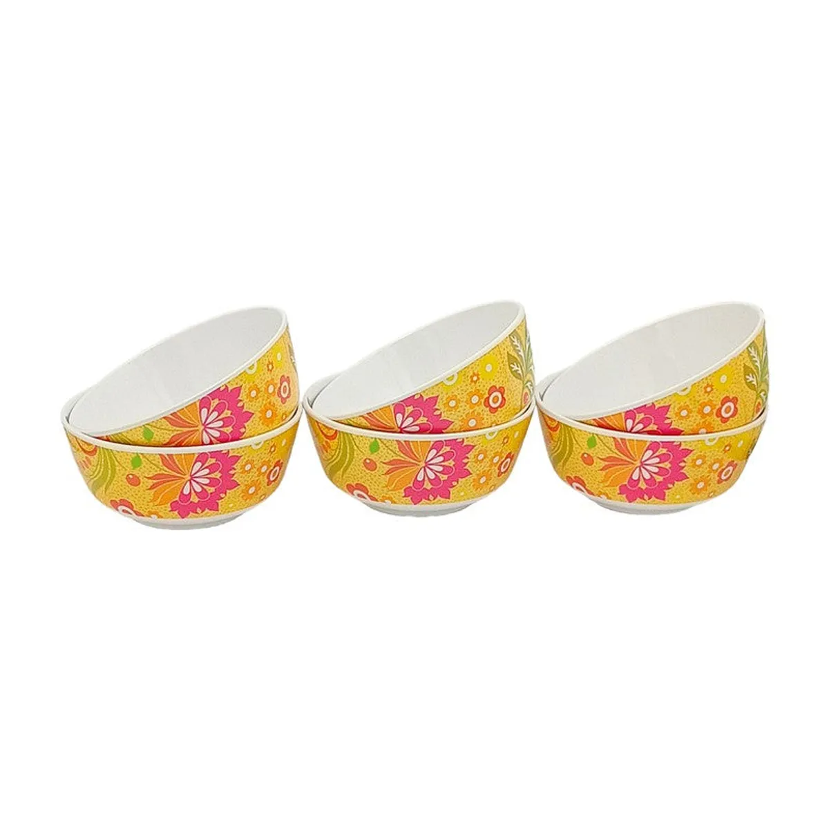 Three yellow and pink floral snack bowls displayed in a row