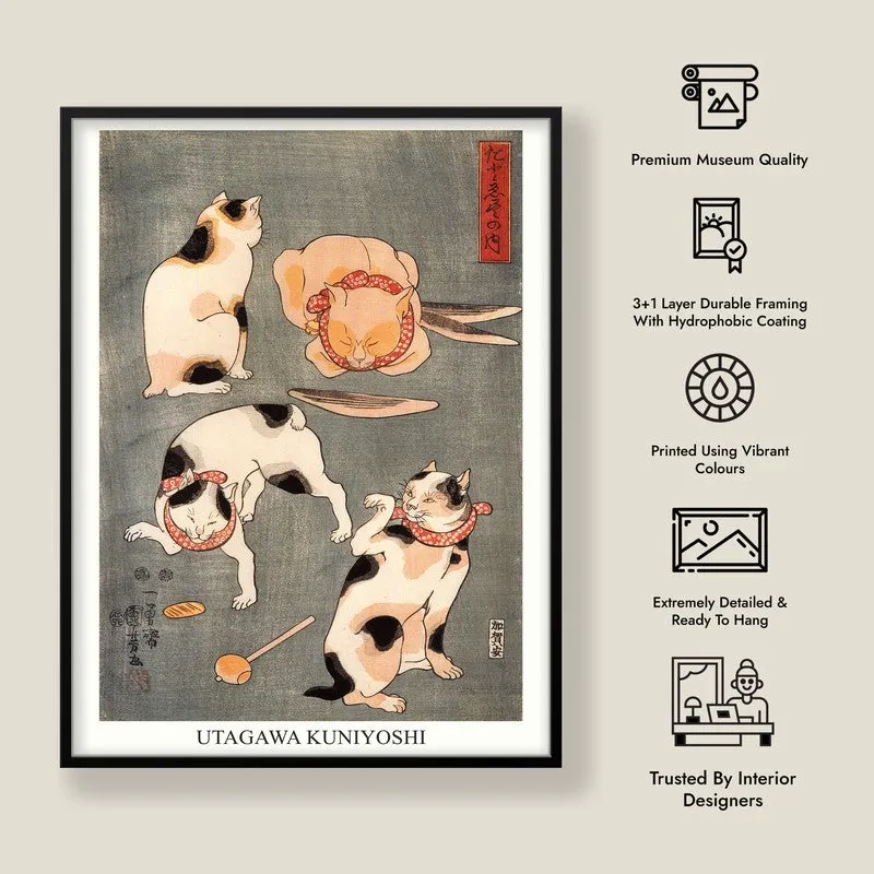 Four Cats In Different Poses Utagawa Kuniyoshi Archival Canvas Wall Painting - Black Frame media 8
