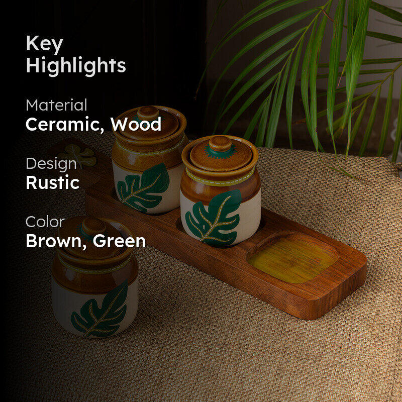 Leafy Shade Handpainted Jar With Tray (220 ML) - Four Piece Set media 2