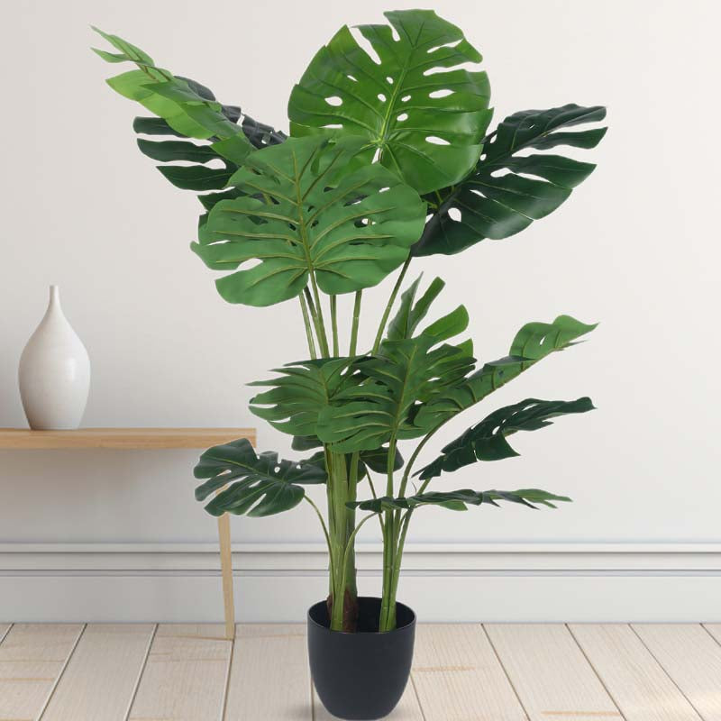 Faux Lush Monstera Plant With Black Plastic Pot - 4 Feet media 3