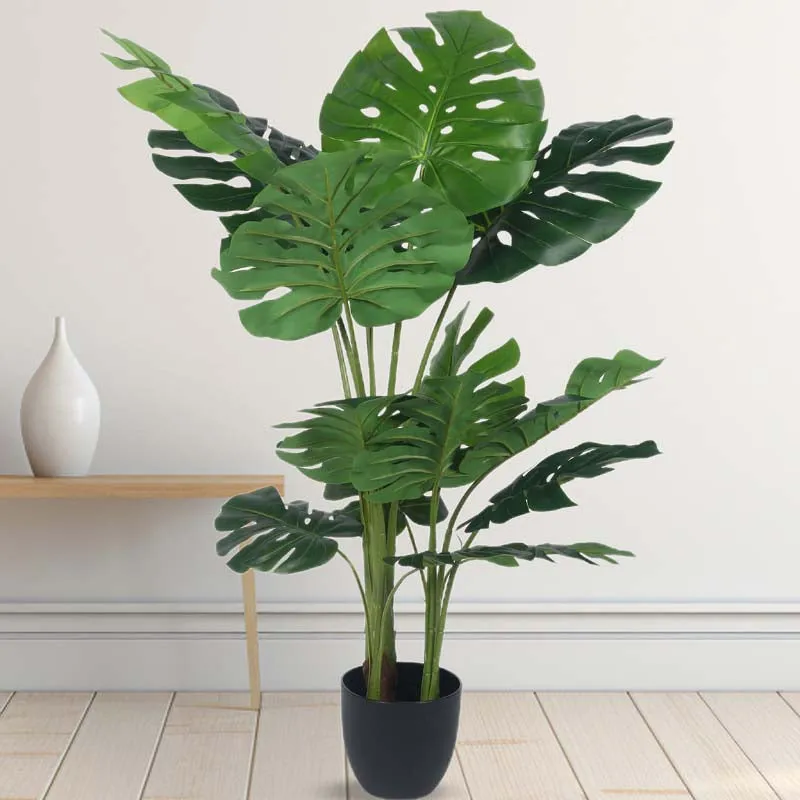 Faux Lush Monstera Plant With Black Plastic Pot - 4 Feet media 3