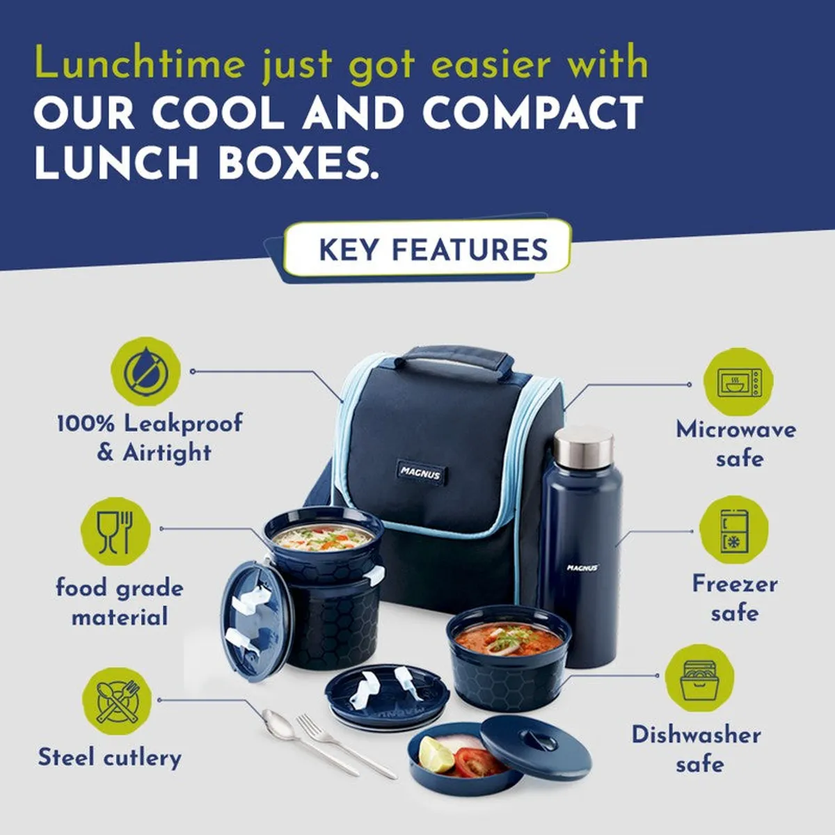 Blue lunch bag set displayed with containers, bottle and cutlery
