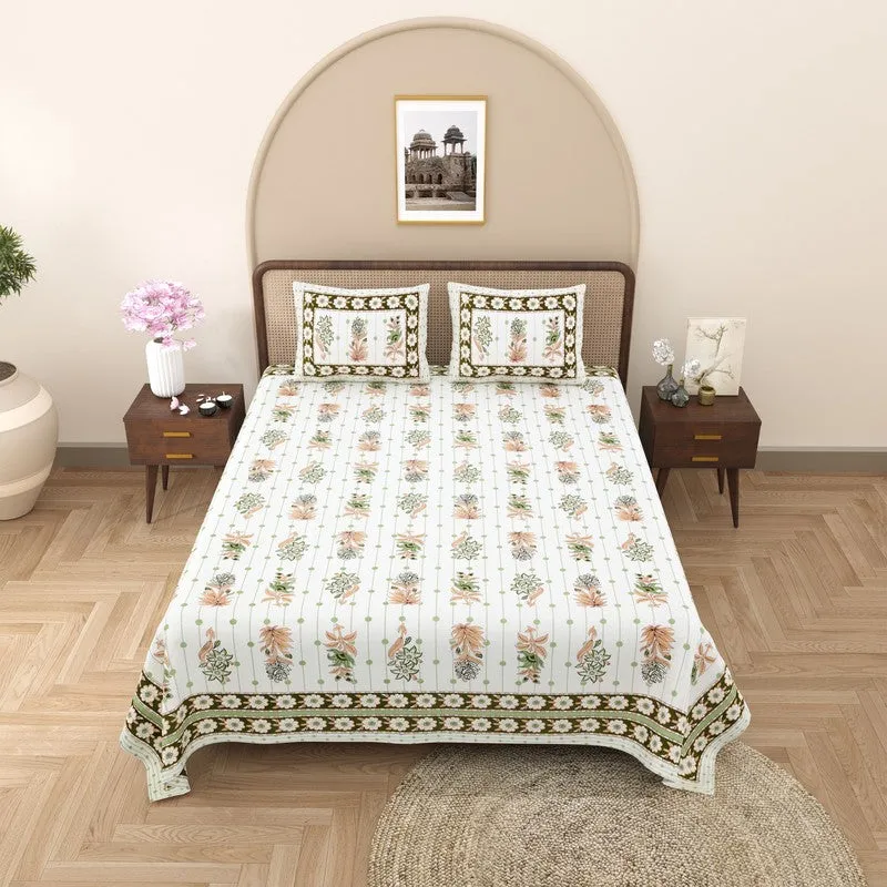 Heritagea Cotton Bedsheet (White,Olive Green) - 240 TC media 3