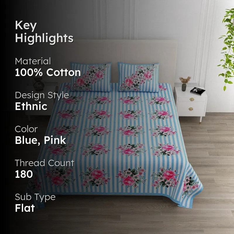 Oliver Floral Cotton Bedsheet (Blue) - 180 TC media 2