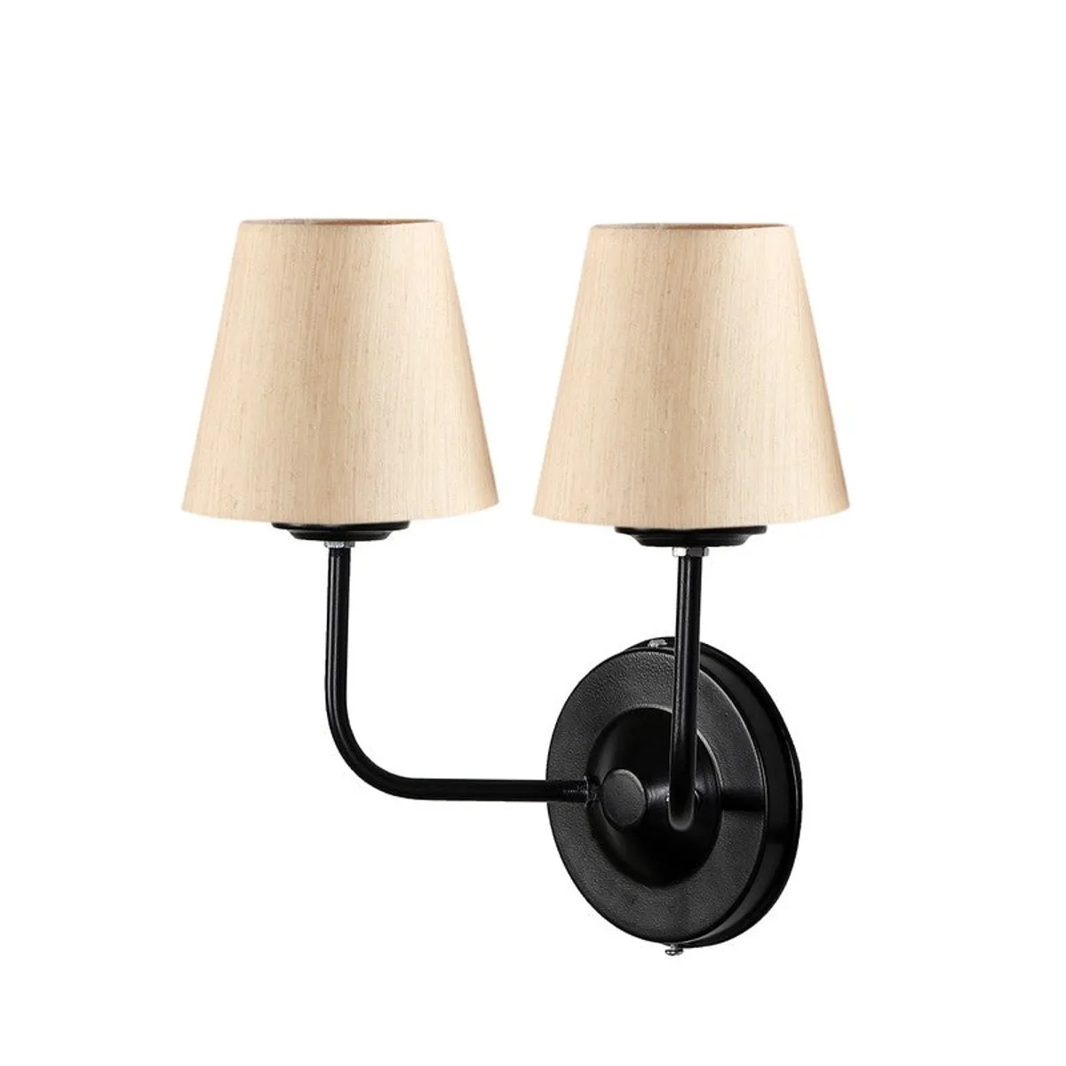 Side angle of beige twin-shade wall lamp with black iron wall mount