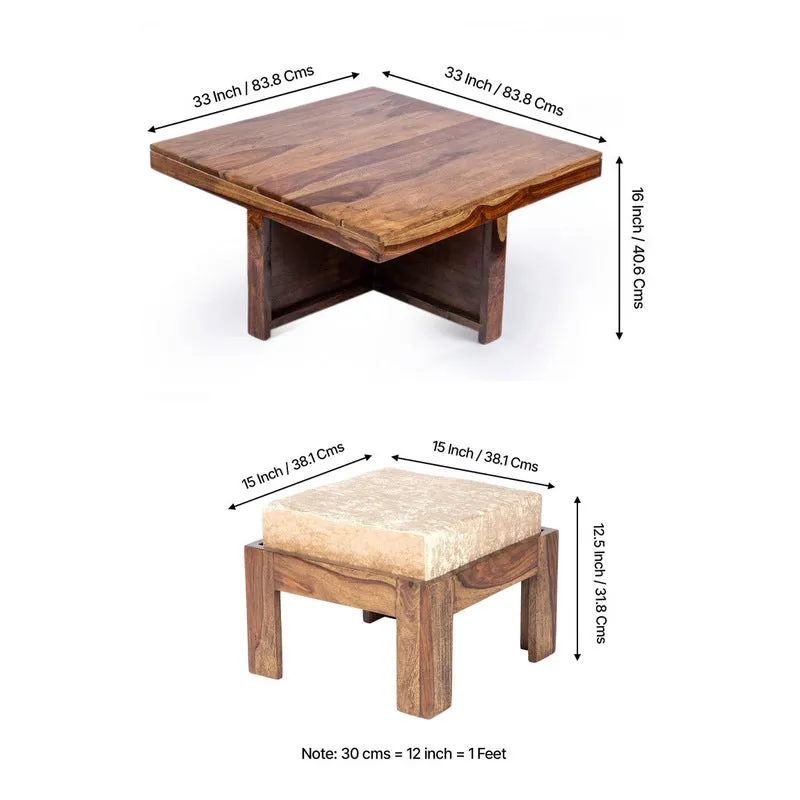 Evrino Sheesham Wooden Center Table with Stools and Cushions (Brown,Grey) - Nine Piece Set media 10