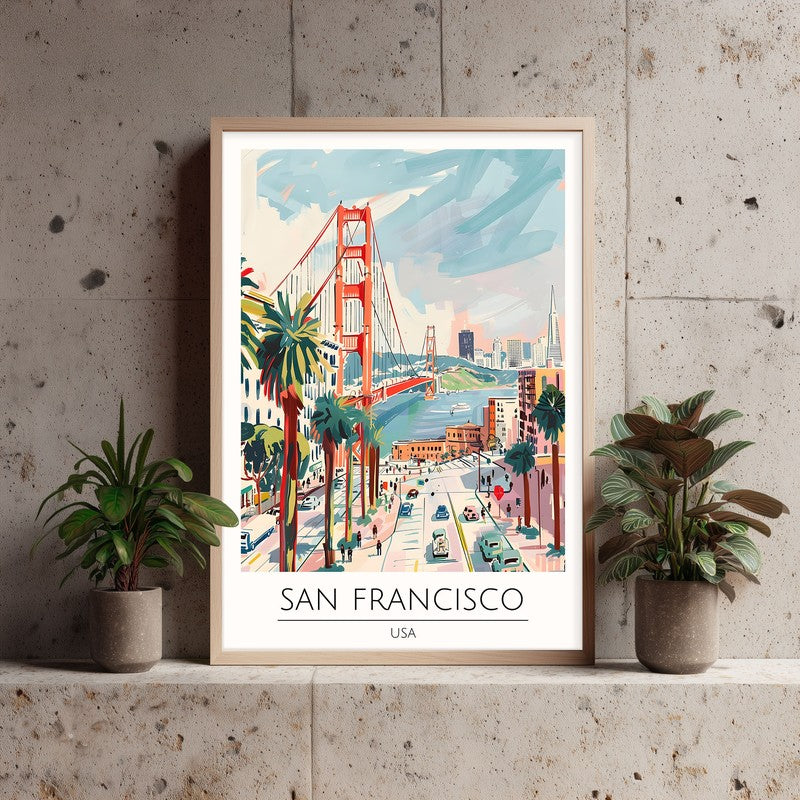 Vintage San Fransico Framed Canvas Archival Canvas Wall Painting - Natural Brown Frame media 3