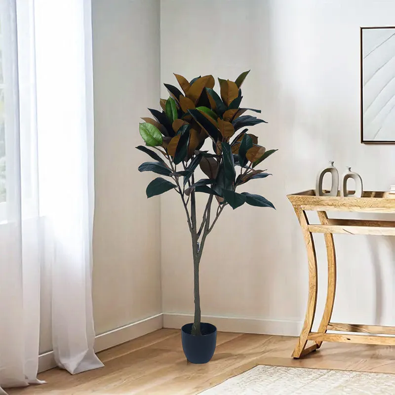 Folialis Artificial Red Rubber Plant With Black Plastic Pot - 5 Feet media 3