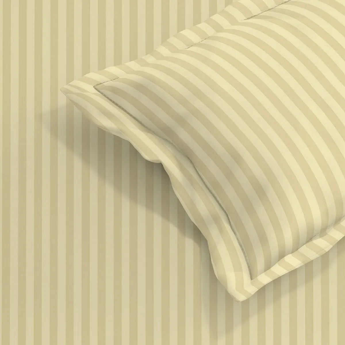 Close-up of beige striped pillow cover placed on matching striped bedsheet fabric.