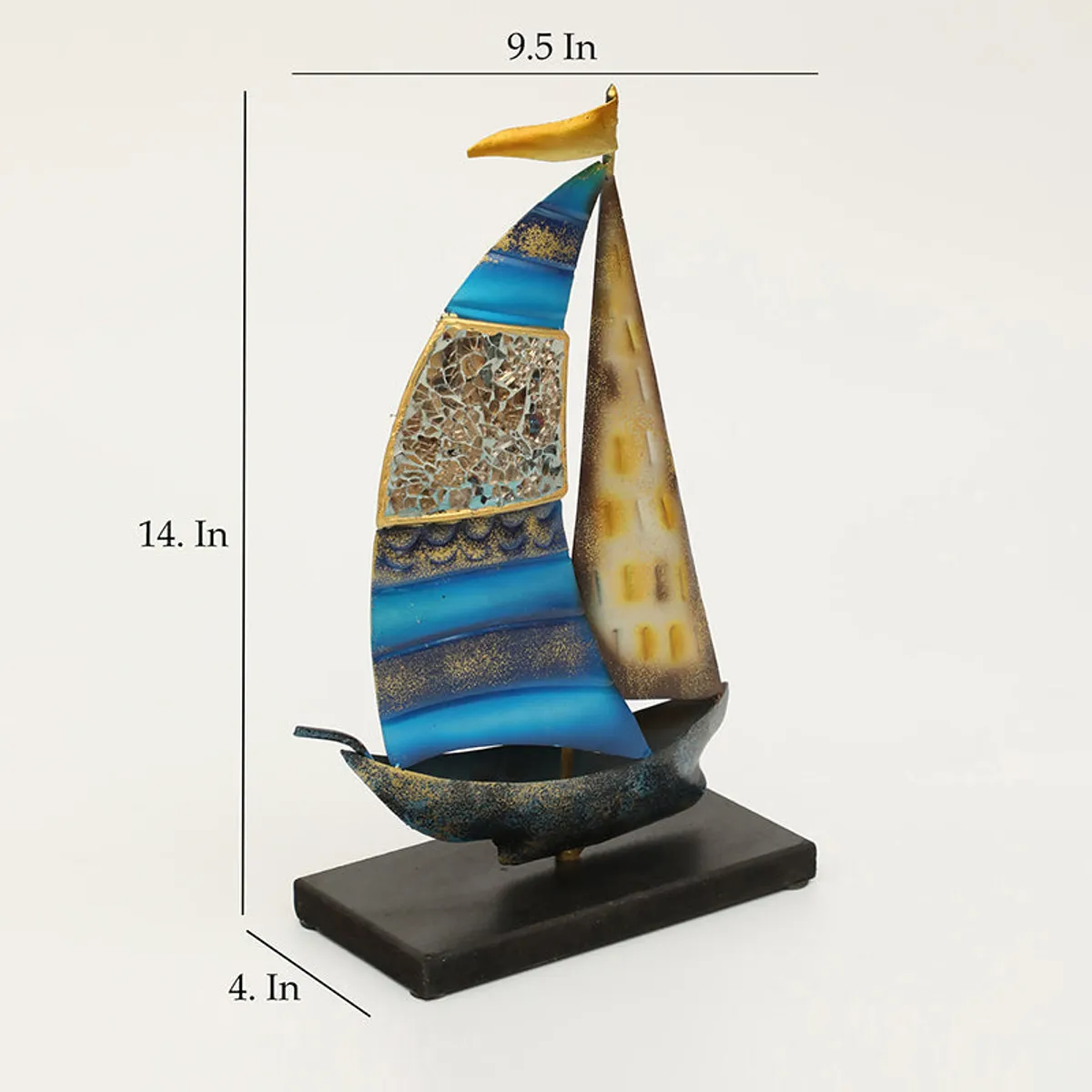 Sailboat showpiece photographed with dimension guide lines