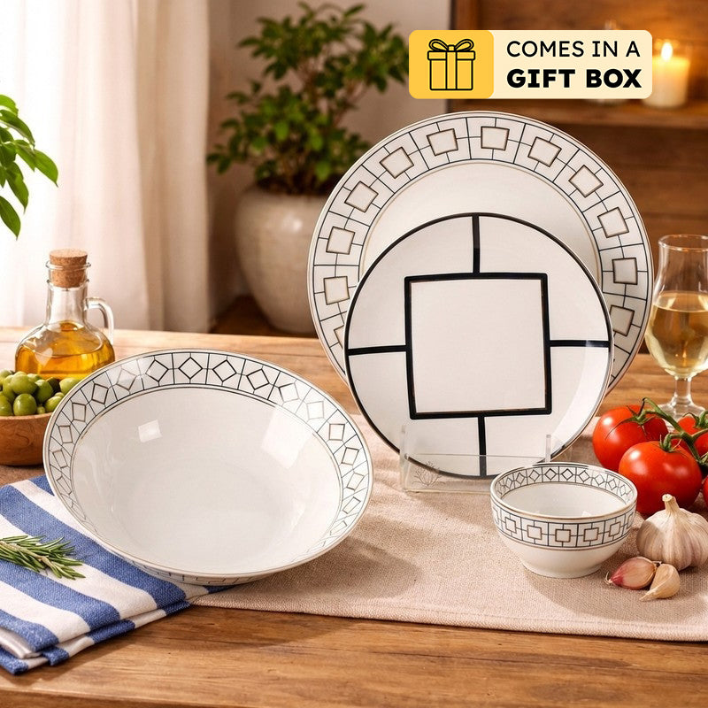 DecoCharm 24k Gold Brushed Dinner Set (White,Black)- 20 Piece Set