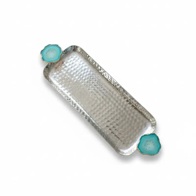 Aurora Edge Hammered (Metal,Agate) Rectangle Platter - Blue & Grey media 4