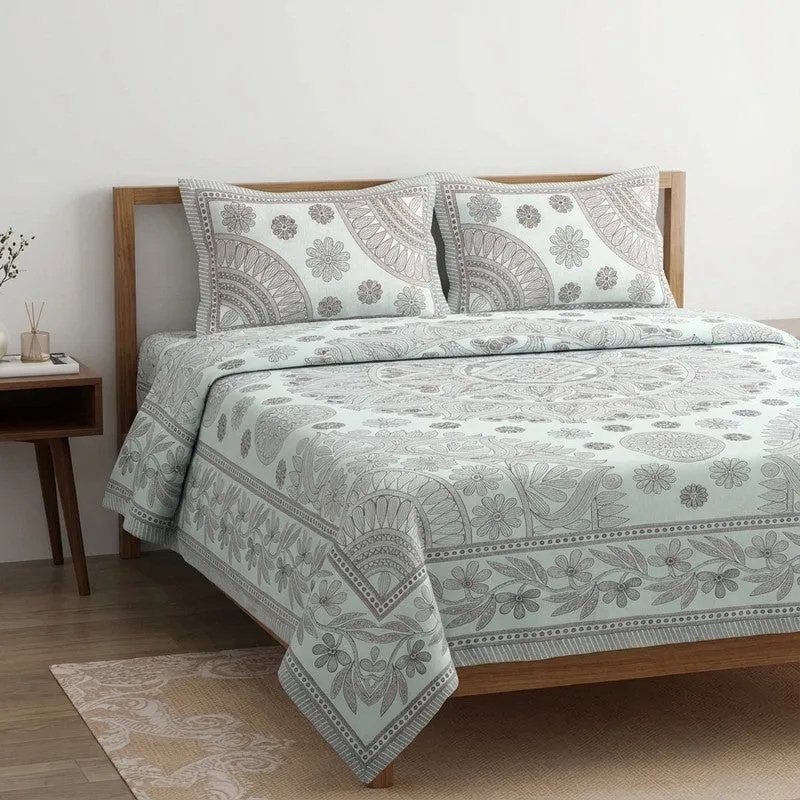 Kavya Mandala Ethnic Cotton Bedsheet (Grey,White) - 160 TC media 4
