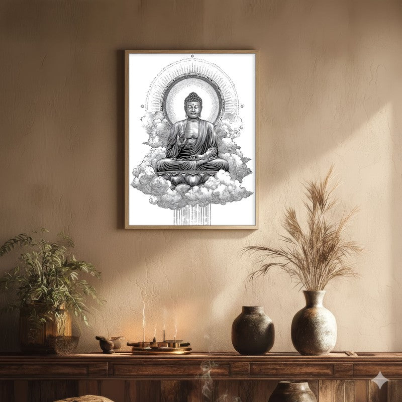Buddha Within The Circle Of Silence Wall Painting With Brown Frame