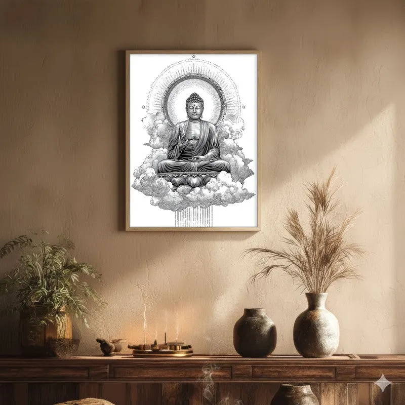 Buddha Within The Circle Of Silence Wall Painting With Brown Frame media 1