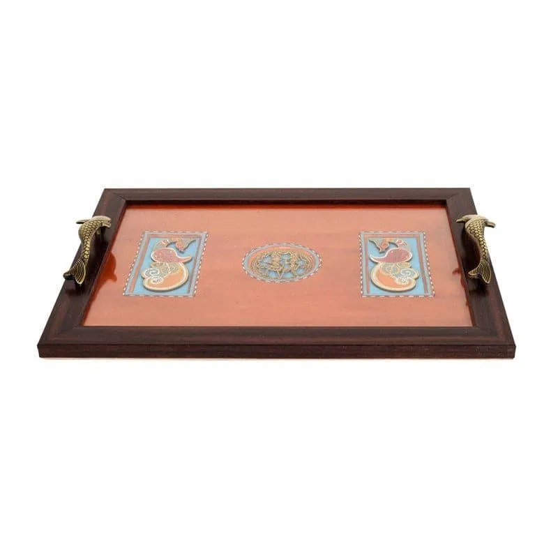 Front view of rectangular wooden tray with decorative artwork and fish-shaped handles