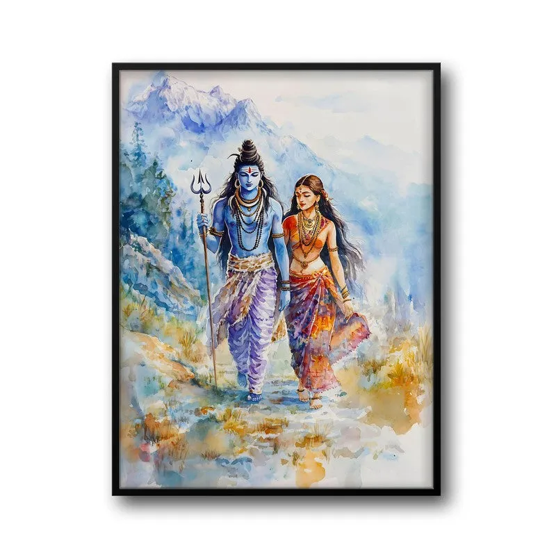 Gangadhara Parvati Spiritual Archival Paper Wall Painting With Frame - Black media 5