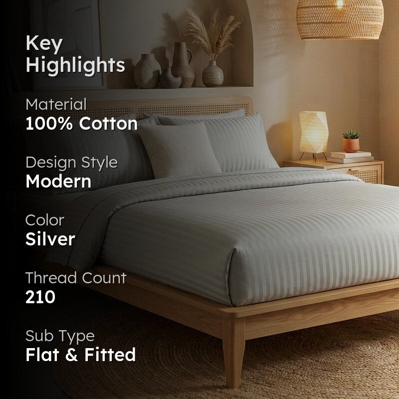 Adalyn Striped Cotton Bedsheet (Silver) - 210 TC media 2