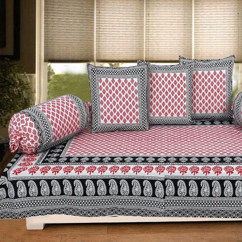 Mouparna Printed Diwan Set (Pink & Black) - Six Piece Set media 1