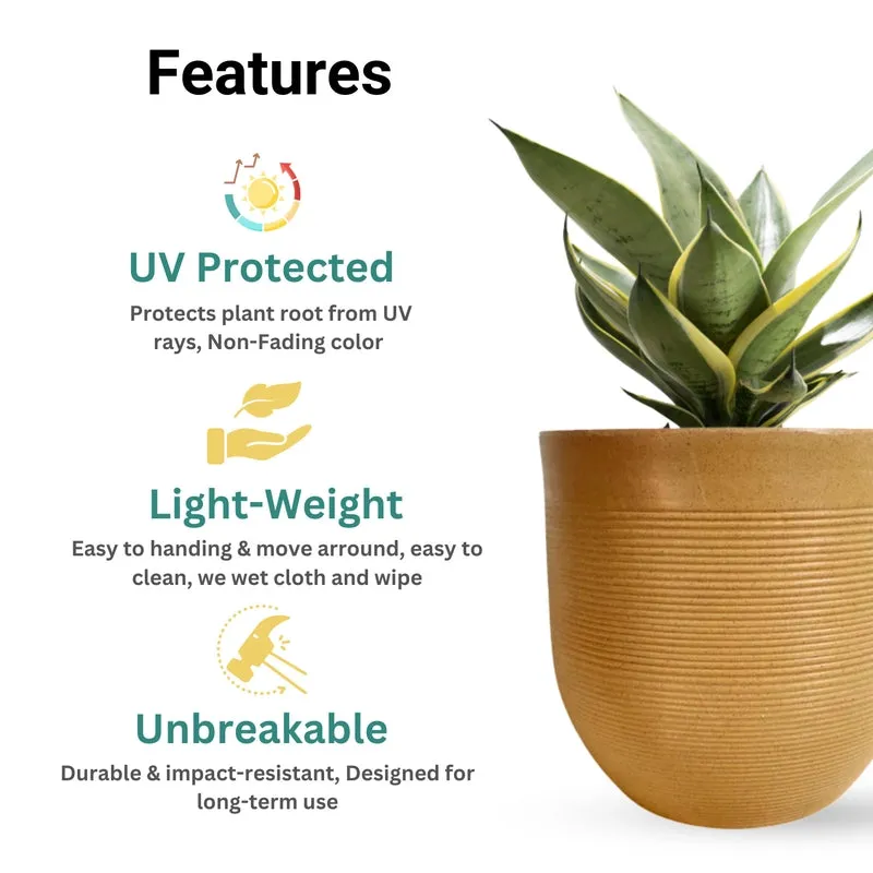 Brown ribbed planter shown alongside illustrated product feature callouts.