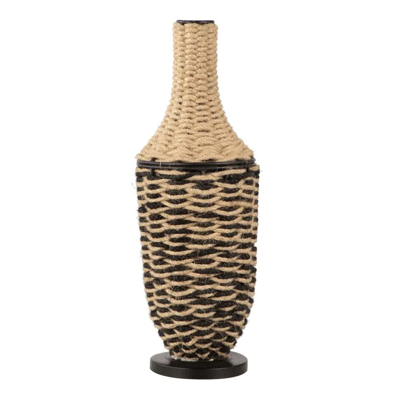Full view of the black and brown jute vase on a white background