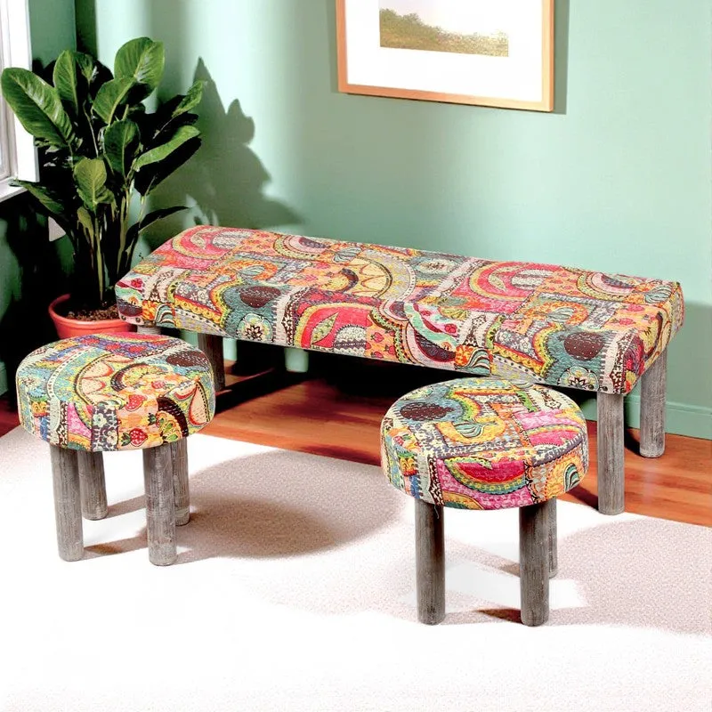 Bexon Sheesham Wooden Bench with Stools (Multicolor) - Three Piece Set media 1