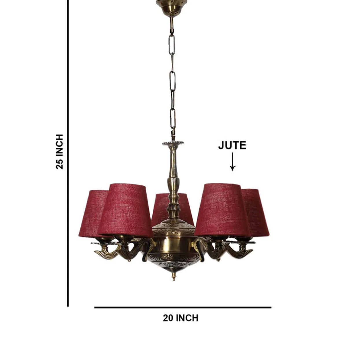 Front view of chandelier ceiling lamp with maroon shades and hanging chain
