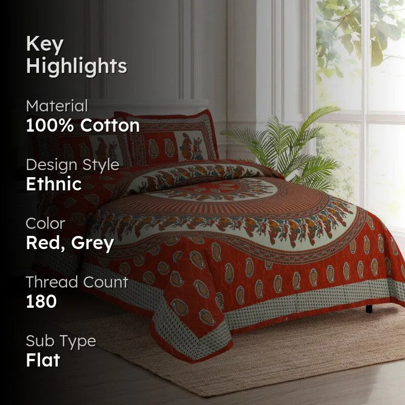 Crosha Applique Printed Cotton Bedsheet (Red) - 180 TC media 2