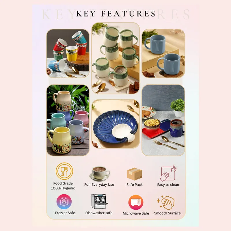 Promotional collage showing assorted crockery pieces and feature icons.