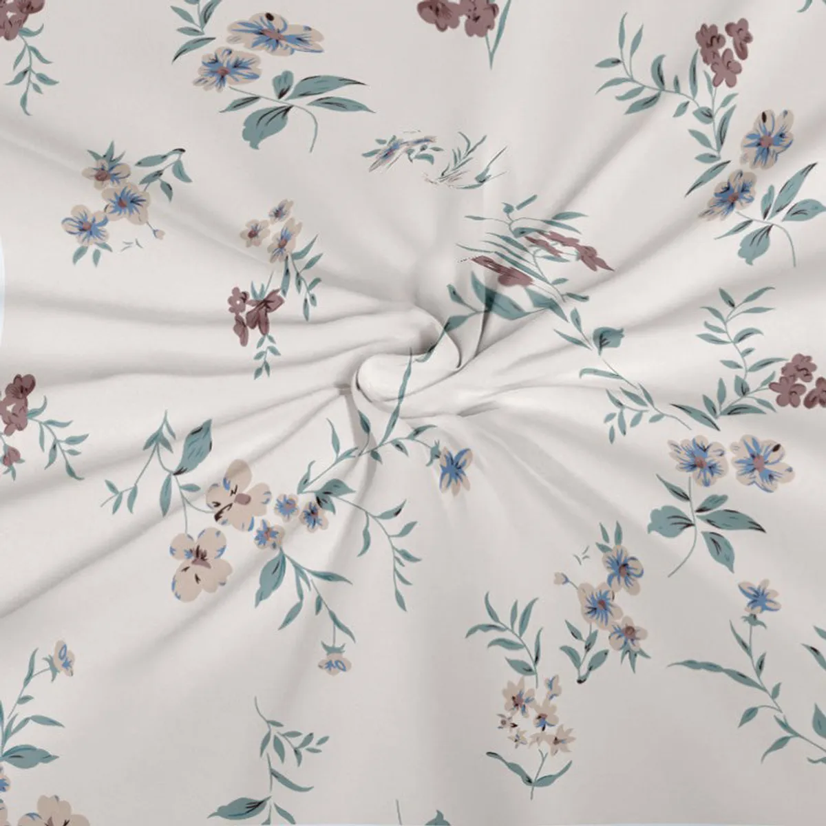 Close-up of delicate blue and mauve floral print on peach curtain fabric