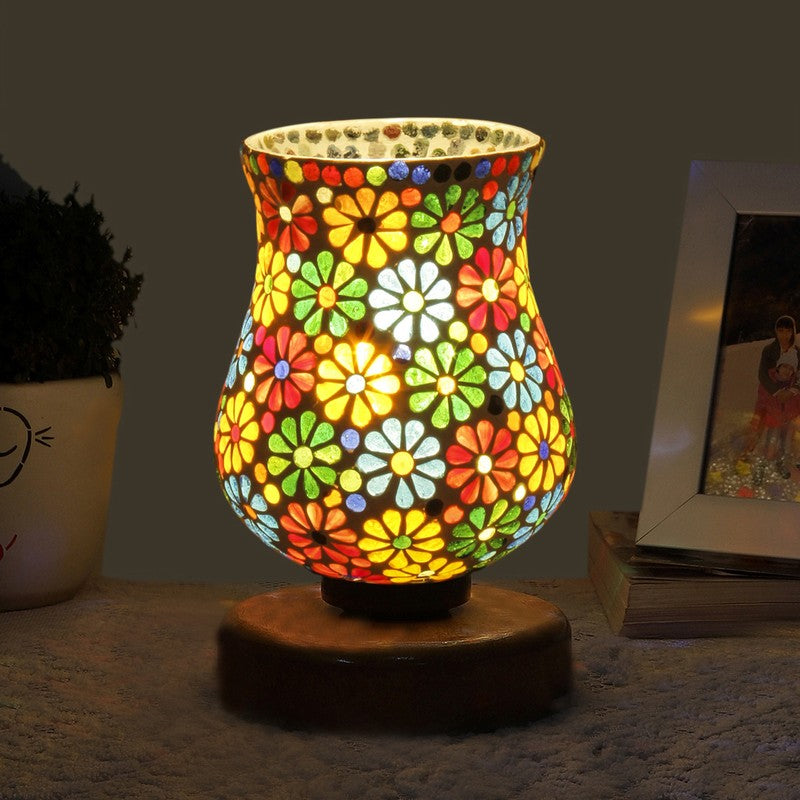 Oryvia Mosaic Glass Table Lamp With Wooden Base - Multicolor