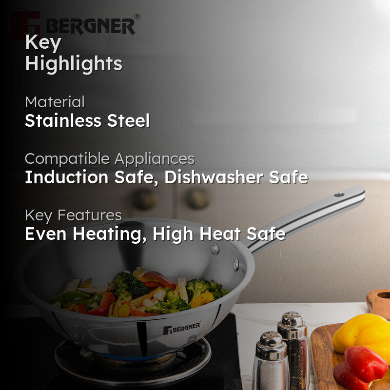 Bergner Tripro Triply Stainless Steel Wok With Lid - 2800 ML image 2