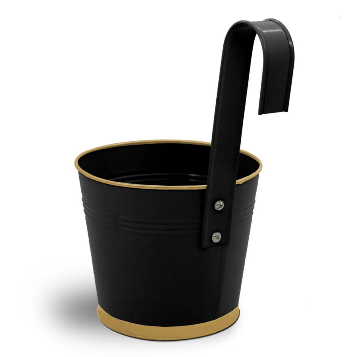 Side view of black metal railing planter with curved hanging hook