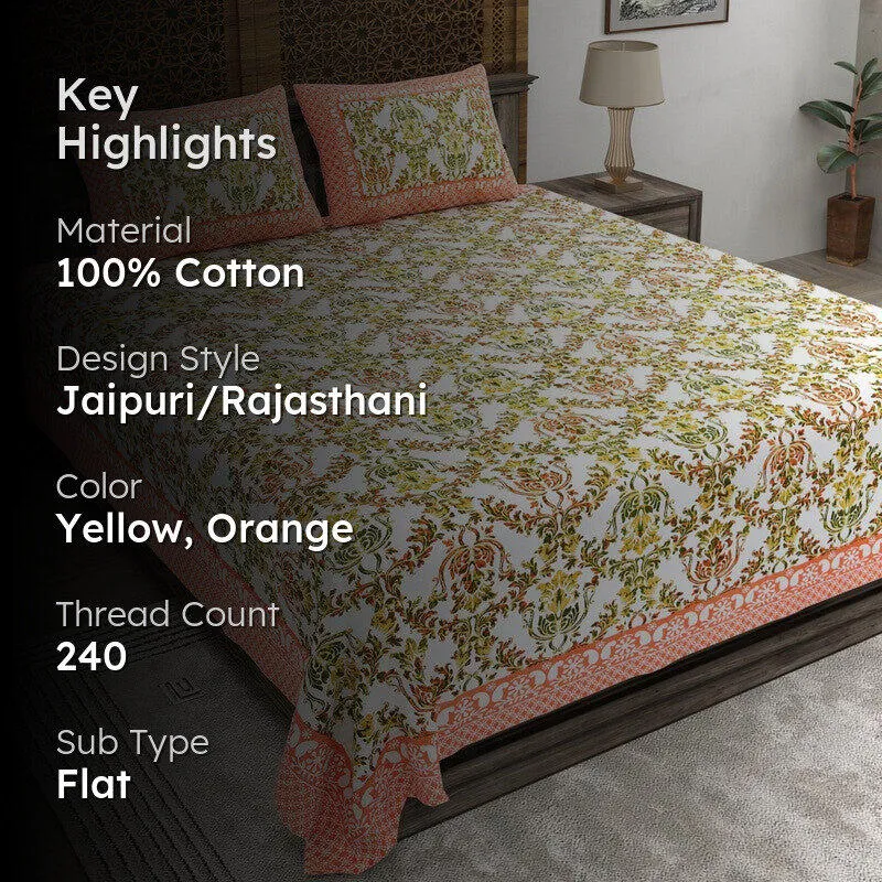 Grida Cotton Bedsheet (Yellow,Orange) - 240 TC media 2