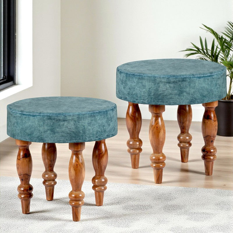 Qynex Sheesham Wooden Stools (Blue) - Set Of Two