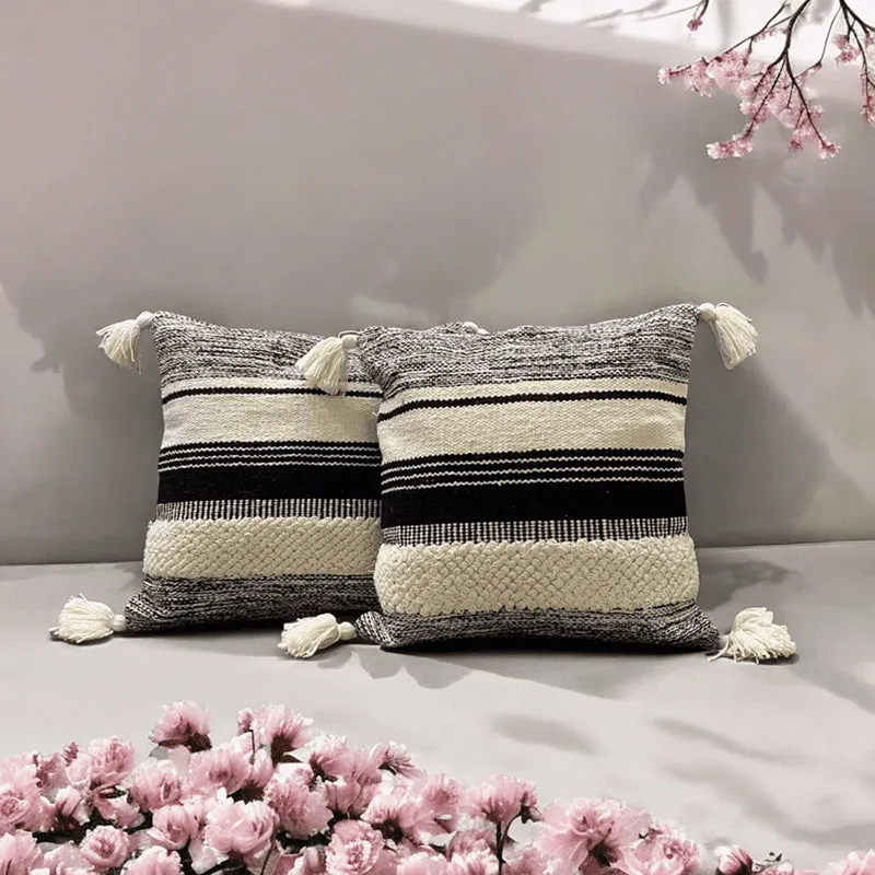 Striped Plush Tufted Cushion Cover ((Black & White)) - Set Of Two media 6