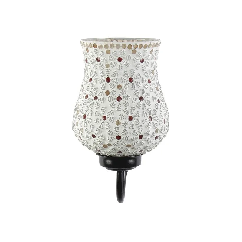 Front view of unlit white mosaic glass wall lamp with black wall mount